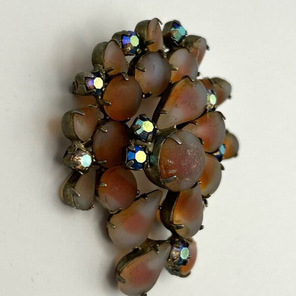 Vintage 1950s Orange Givre Glass Cabochon Arora Borealis Rhinestone Brooch - Picture 13 of 15